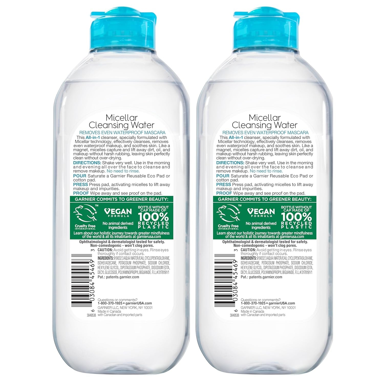 Garnier Micellar Water for Waterproof Makeup, Hydrating Facial Cleanser & Makeup Remover, Suitable for Sensitive Skin, Vegan, Cruelty Free, 13.5 Fl Oz (400Ml), 2 Count