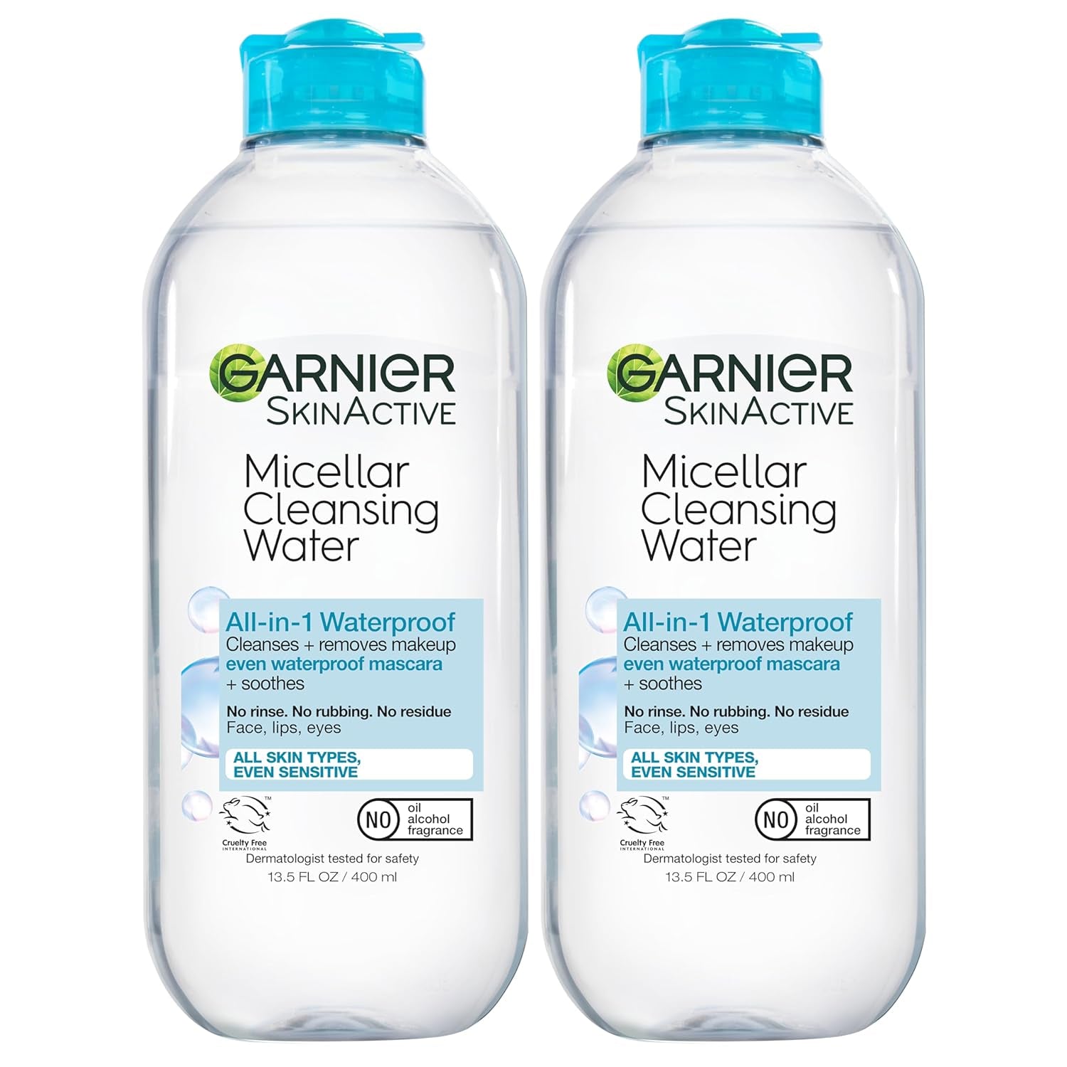 Garnier Micellar Water for Waterproof Makeup, Hydrating Facial Cleanser & Makeup Remover, Suitable for Sensitive Skin, Vegan, Cruelty Free, 13.5 Fl Oz (400Ml), 2 Count