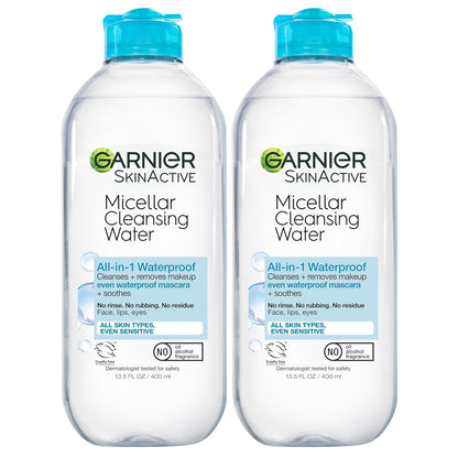 Garnier Micellar Water for Waterproof Makeup, Hydrating Facial Cleanser & Makeup Remover, Suitable for Sensitive Skin, Vegan, Cruelty Free, 13.5 Fl Oz (400Ml), 2 Count